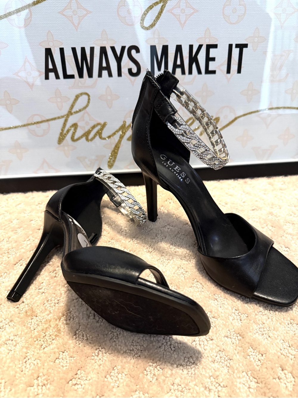 GUESS Black Heeled Sandals with Crystal Chain Anklets